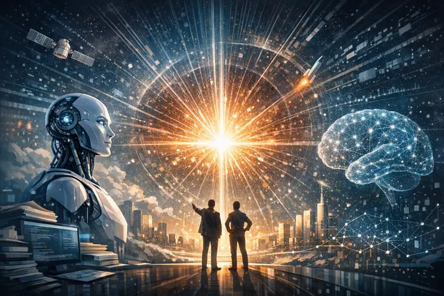 Abstract representation of the AI singularity concept showing a glowing central brain connected to digital nodes