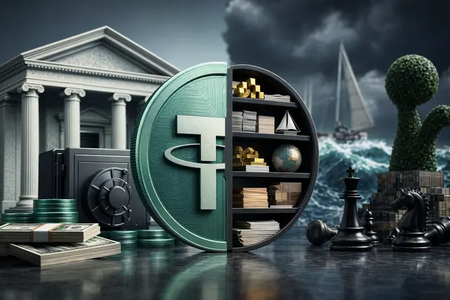 Concept illustration of stablecoin reserves and financial risk behind digital tokens