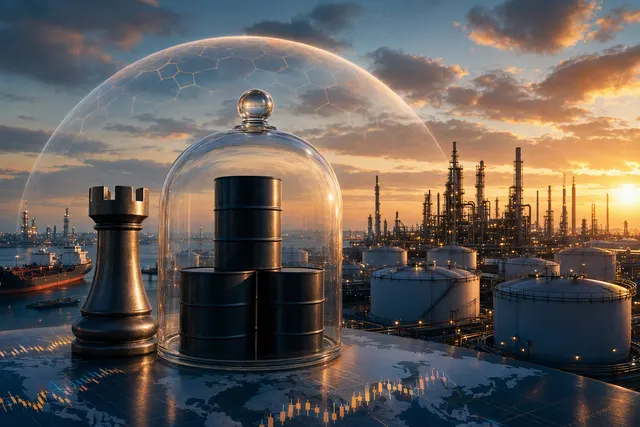 Editorial illustration of oil supply risks and crude trading