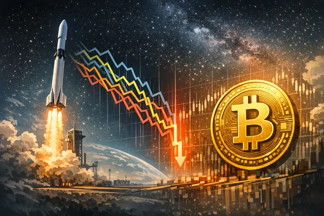 Bitcoin and a rocket ship representing the intersection of the SpaceX IPO and collapsing cryptocurrency markets