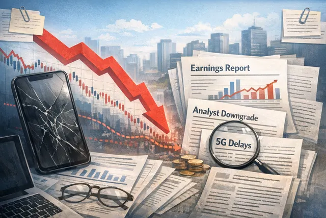 Nokia stock chart showing a decline with earnings documents and AI infrastructure imagery in the background
