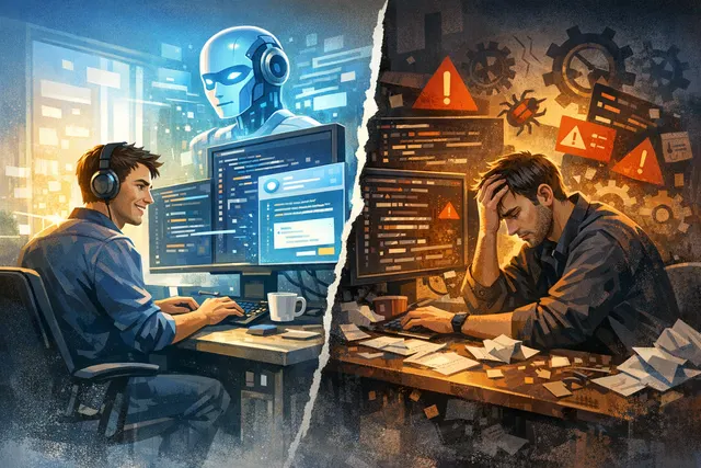 Abstract depiction of a developer's hands hovering over a keyboard, one side surrounded by glowing digital AI circuits and the other side by cracked, crumbling code blocks.