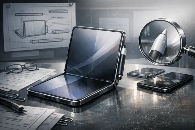 Concept illustration of a short Apple Pencil attached to the side of a foldable iPhone