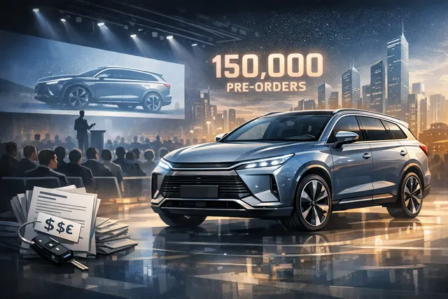 The 2026 BYD Great Tang (Datang) full-size electric SUV parked in a modern city setting, showcasing its large, luxurious design.