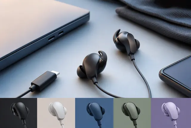 Editorial illustration representing Bose’s USB-C noise-cancelling wired earbuds.
