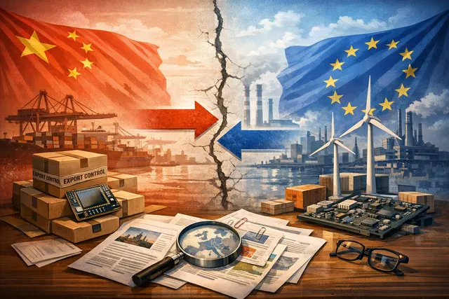 Abstract digital illustration showing a balance scale with EU and Chinese flags on either side, representing the tit-for-tat sanctions escalation between the European Union and Chi