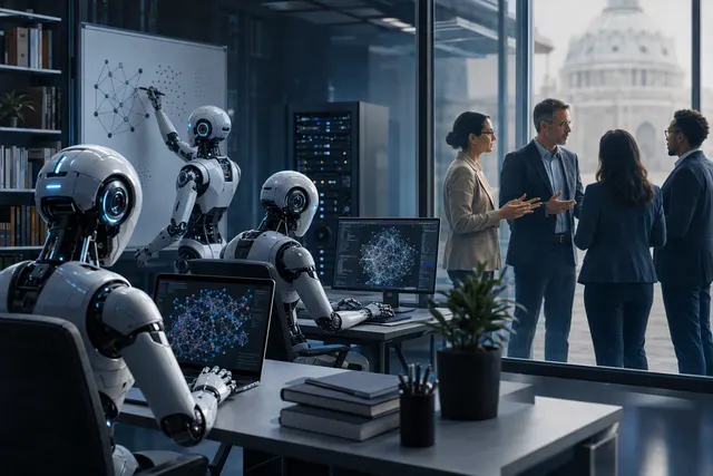 Editorial illustration for the debate over AI systems helping to develop future AI and the need for oversight