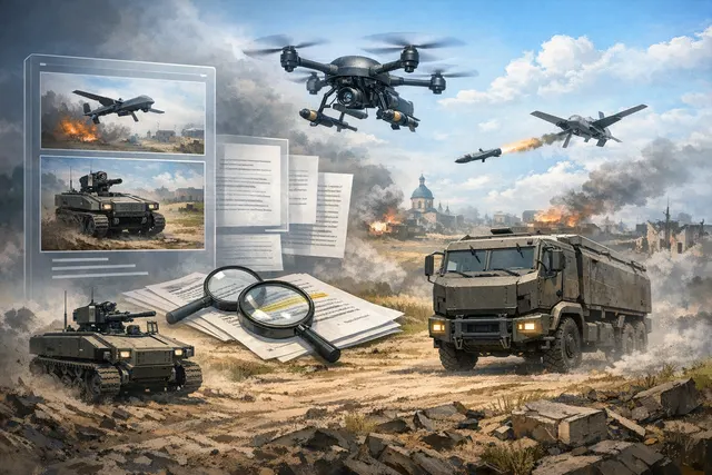 A conceptual illustration of Ukrainian unmanned ground vehicles (UGVs) and drones on a battlefield, representing the integration of robotic systems in modern warfare.