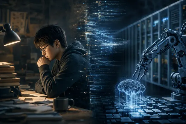 Editorial illustration representing AI systems, software optimization, and the concentration of frontier AI power