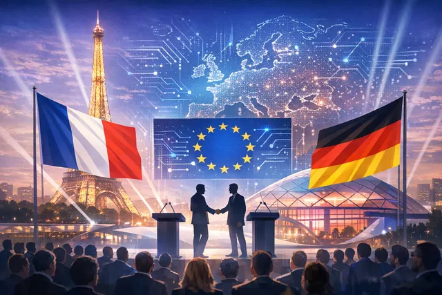 VivaTech 2026 exhibition hall with Franco-German flags, digital sovereignty branding, and AI-related displays in Paris