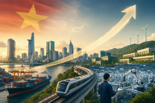 AI-generated editorial illustration for an analysis of Vietnam’s 2026–2027 economic growth target