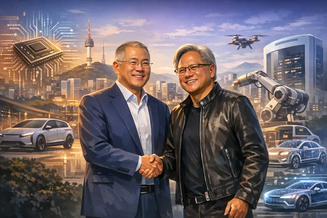 Nvidia and Hyundai executives collaborating on a physical AI and humanoid robotics roadmap