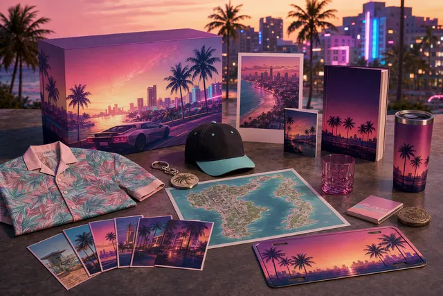 Editorial illustration for the GTA VI Goodtime State – Vice City Collection merchandise box.