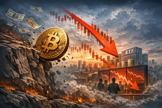 An editorial illustration of the Bitcoin price crash in June 2026, showing a downward-trending graph with multiple bearish catalysts.