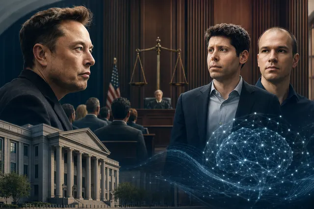 Illustration representing the legal battle between Elon Musk and OpenAI over the company’s shift from nonprofit to for-profit