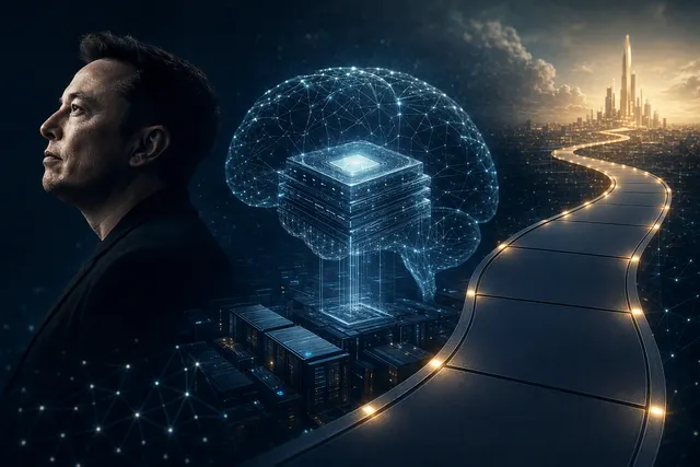 AI-generated editorial illustration representing xAI’s Grok model roadmap and AGI claims