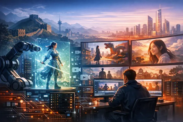 Abstract editorial illustration of AI-generated video production, showing a digital frame, motion trails and cinematic visual elements
