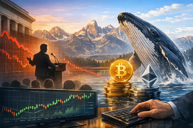 Illustration of a Bitcoin and Ethereum whale buying leveraged positions after a Federal Reserve speech