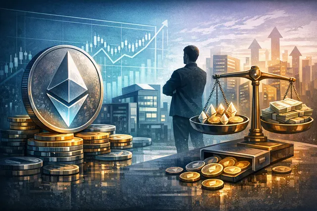 Editorial illustration of Coinbase and Ethereum symbols with a corporate ETH holdings chart
