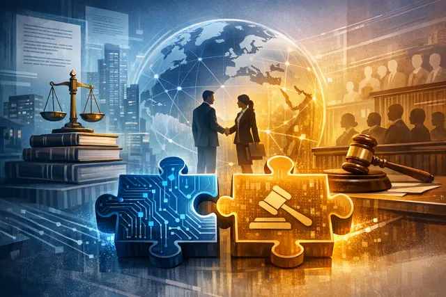 Illustration of AI-powered document translation connecting DeepL with Harvey’s legal software platform
