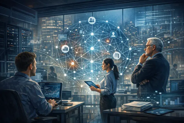 Abstract visualization of connected enterprise data forming a knowledge graph for cybersecurity and AI risk management