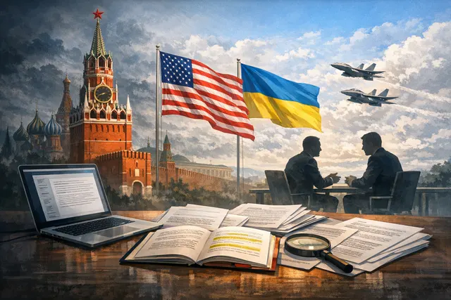 Diplomatic negotiations in a dimly lit room with flags and documents on a table, representing peace talks and shuttle diplomacy for the Ukraine war.