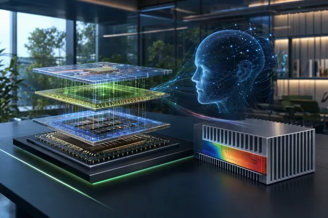 Conceptual illustration of AI-assisted design and thermal analysis for a stacked 3D integrated-circuit package
