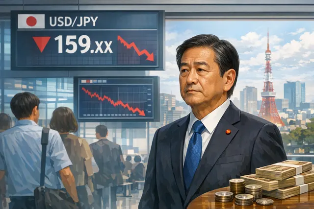 Falling Japanese yen banknotes and coins against a backdrop of a rising graph line and the number 160, representing the yen's slide back toward the key intervention threshold.