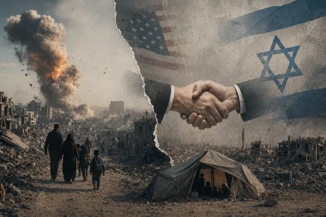 AI-generated editorial illustration of smoke over Gaza, representing tensions around the ceasefire