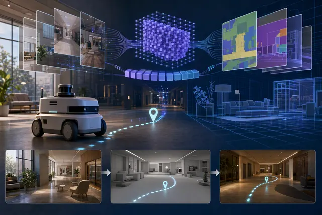 AI-generated illustration accompanying an article about LightNav-0 robot navigation