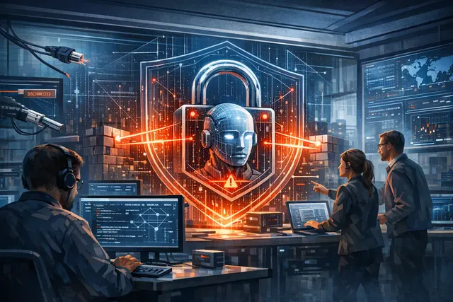 Abstract editorial illustration of an AI cybersecurity test environment protected by digital barriers and network controls