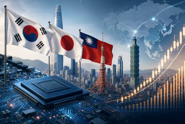 Digital illustration of Asian equity markets, semiconductor chips and AI data flows