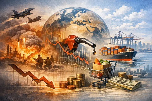 Editorial illustration of global markets, oil shipping and economic pressure during the Iran war