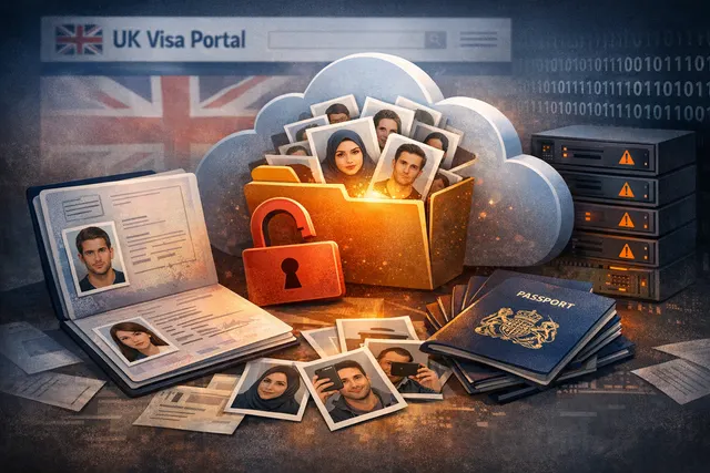 Editorial illustration representing a massive data breach of UK visa applicant passports and selfies from an unsecured third-party website