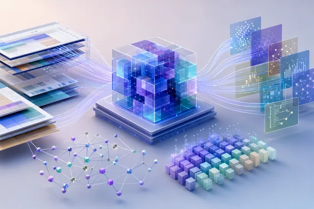 Abstract editorial illustration of a tabular-data foundation model processing structured data
