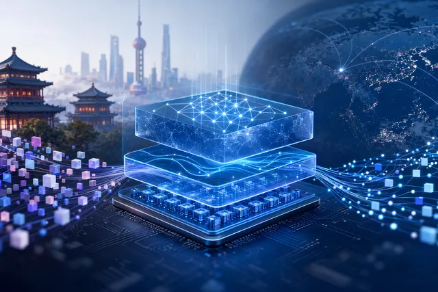 Abstract editorial illustration representing AI inference software running on accelerator hardware