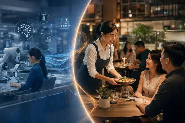 AI-generated editorial illustration for an article about AI and human-led hospitality in Singapore’s F&B sector
