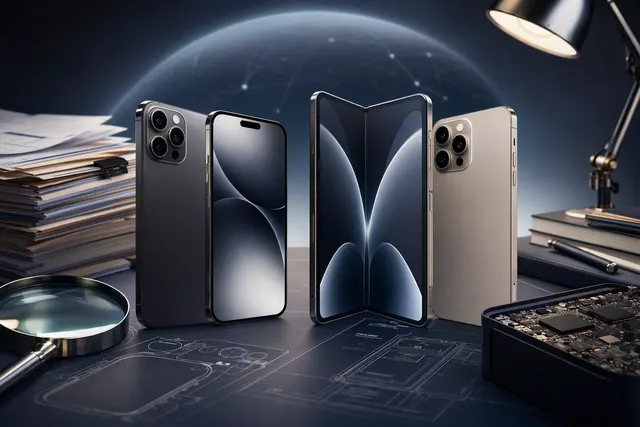 Editorial illustration of Apple’s iPhone 18 Pro lineup and foldable iPhone Duo
