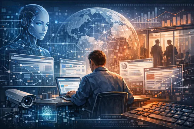 Illustration of a digital eye over a keyboard symbolizing workplace surveillance and AI data collection controversy at Meta.