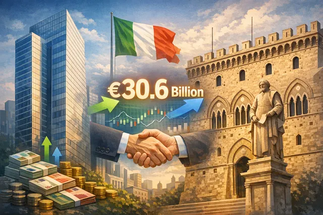 Abstract illustration of the Intesa Sanpaolo and Monte dei Paschi di Siena building facades reflecting rising market arrows and a complex financial chessboard, symbolizing the take