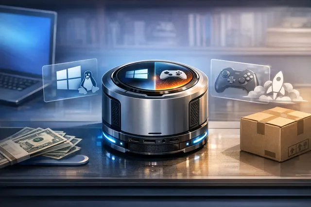 Piston V mini PC with a circular touchscreen and orange-and-silver compact enclosure