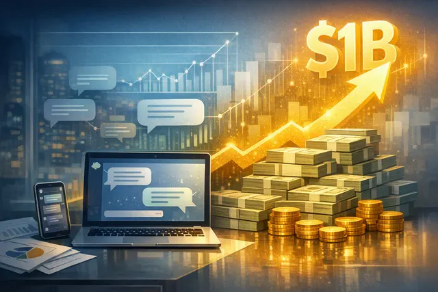 Editorial illustration of ChatGPT advertising growth reaching a $1 billion annualized revenue run rate