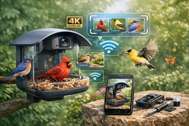 Kiwibit Beako 4K AI Smart Bird Feeder with solar roof mounted outdoors on a tree, with a bird perched on it.