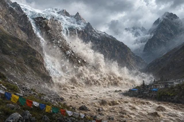 Illustration of a debris-laden flash flood in a steep Himalayan valley near the Tibet–Nepal border