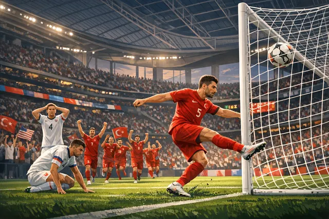 AI-generated editorial hero image showing a dramatic World Cup match scene at SoFi Stadium with players celebrating and the scoreboard showing Turkey 3-2 USA