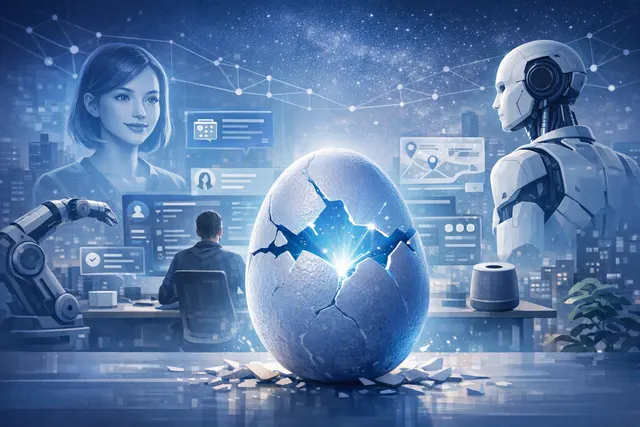 Editorial illustration of Meta’s reported Hatch consumer AI agent coordinating tasks across messaging, shopping and web services