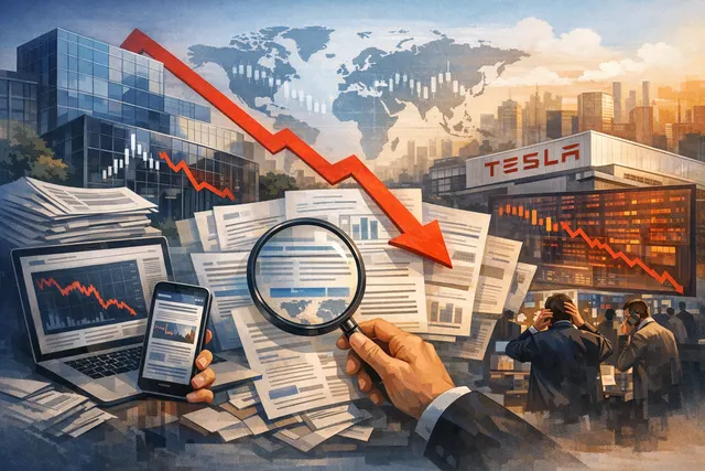Digital illustration of a stock market crash with downward trending red arrows and glowing AI circuit patterns in the background.
