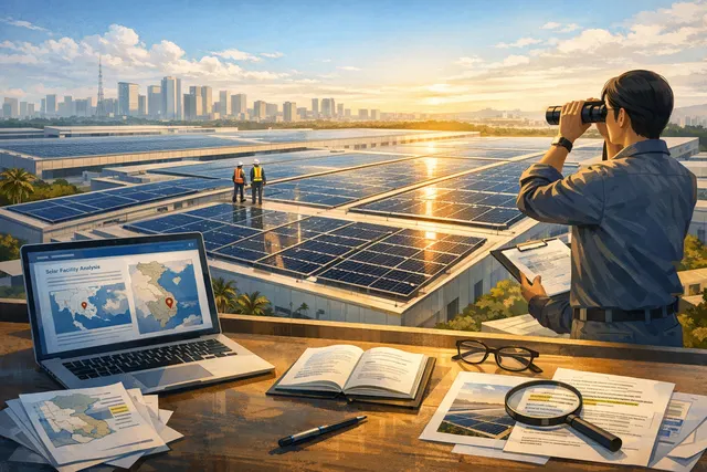 Aerial view of solar panels on a large factory rooftop at sunset in Ho Chi Minh City