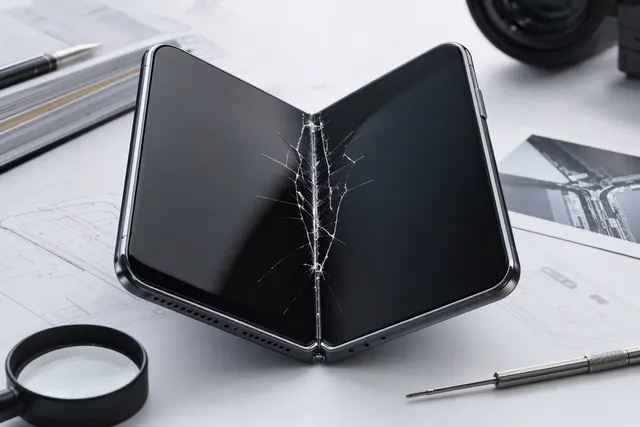 Editorial illustration representing a foldable phone display and hinge