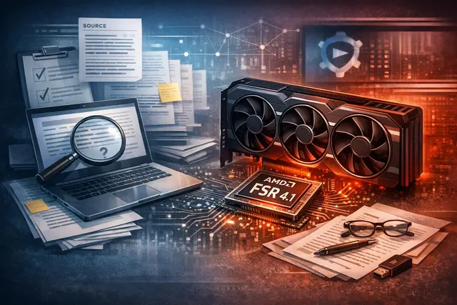 Abstract digital rendering of AMD FSR 4.1 upscaling technology with a stylized processor
